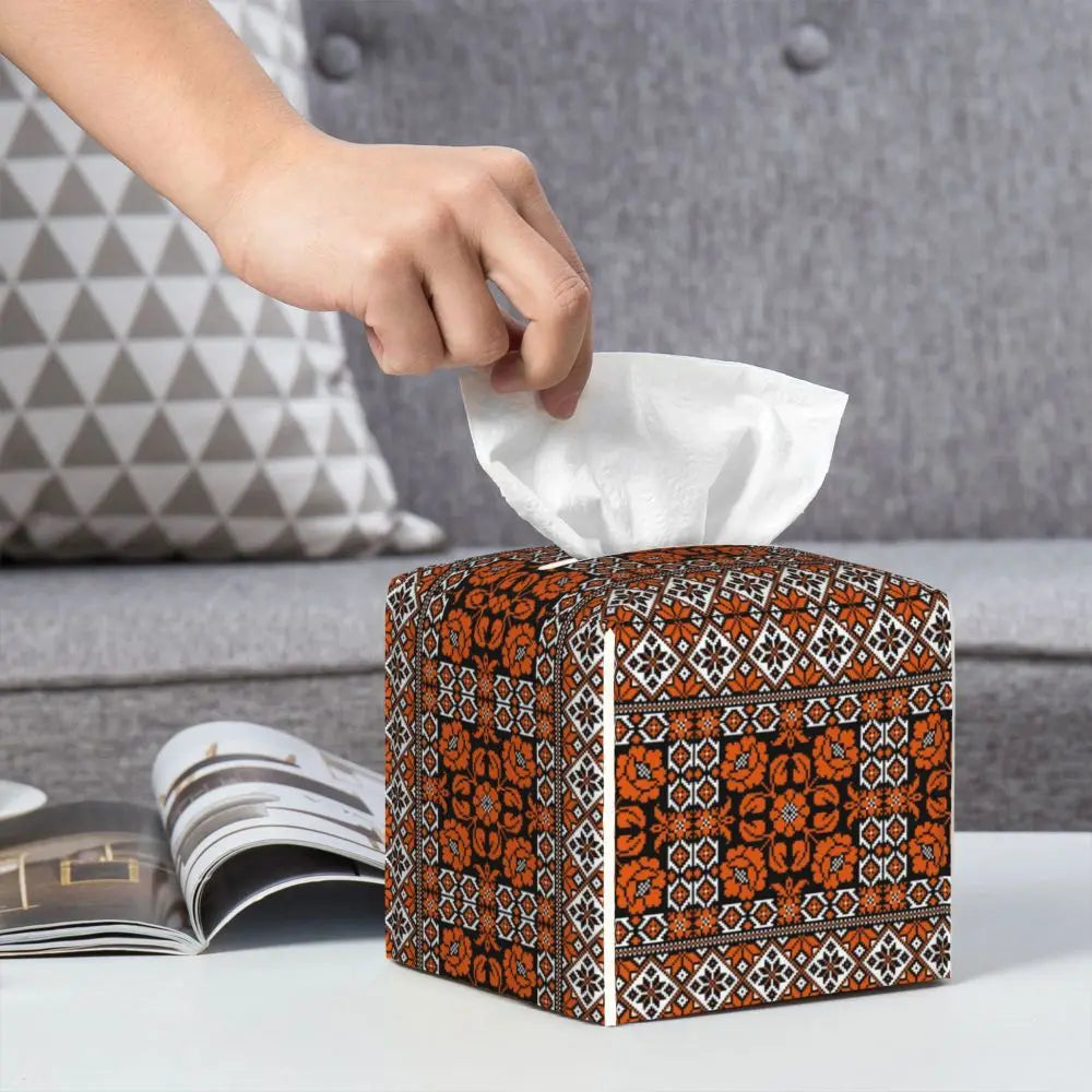 Kufiya Pattern Facial Tissue Box Cover Square Leather Tissue Box Holder for Car