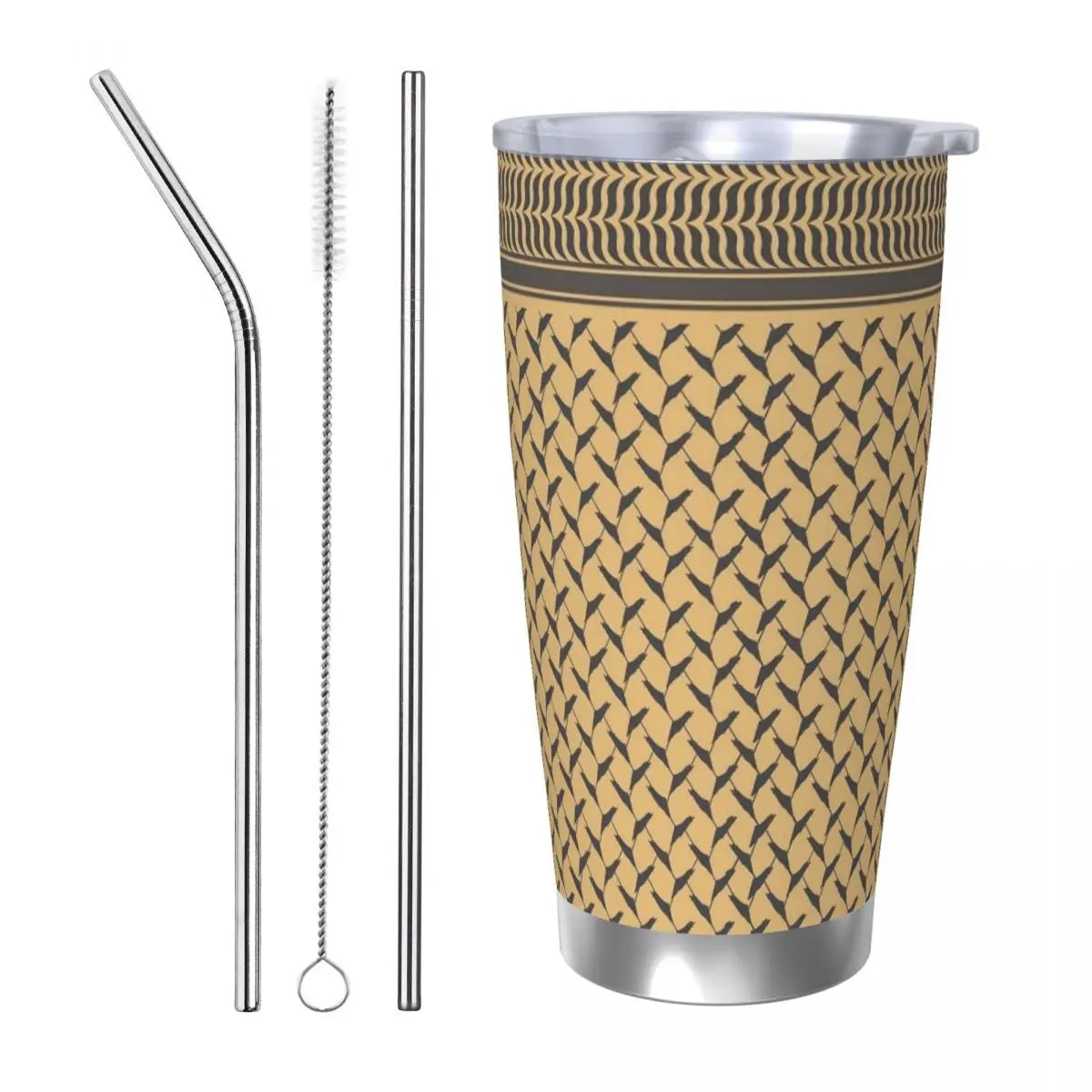 Palestinian Keffiyeh Palestine Map Pattern Brown Insulated Tumbler with Straws Vacuum Coffee Mugs Hot Cold Drinks Cup, 20oz