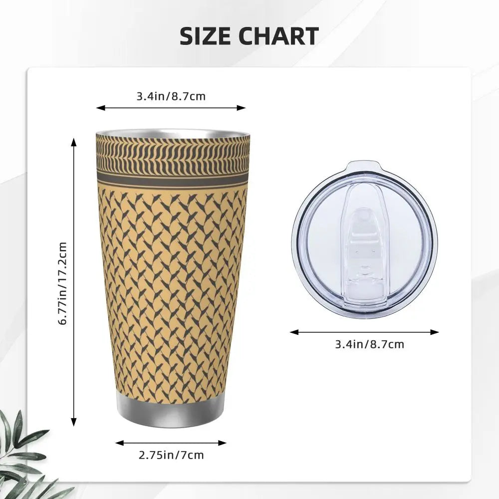 Palestinian Keffiyeh Palestine Map Pattern Brown Insulated Tumbler with Straws Vacuum Coffee Mugs Hot Cold Drinks Cup, 20oz