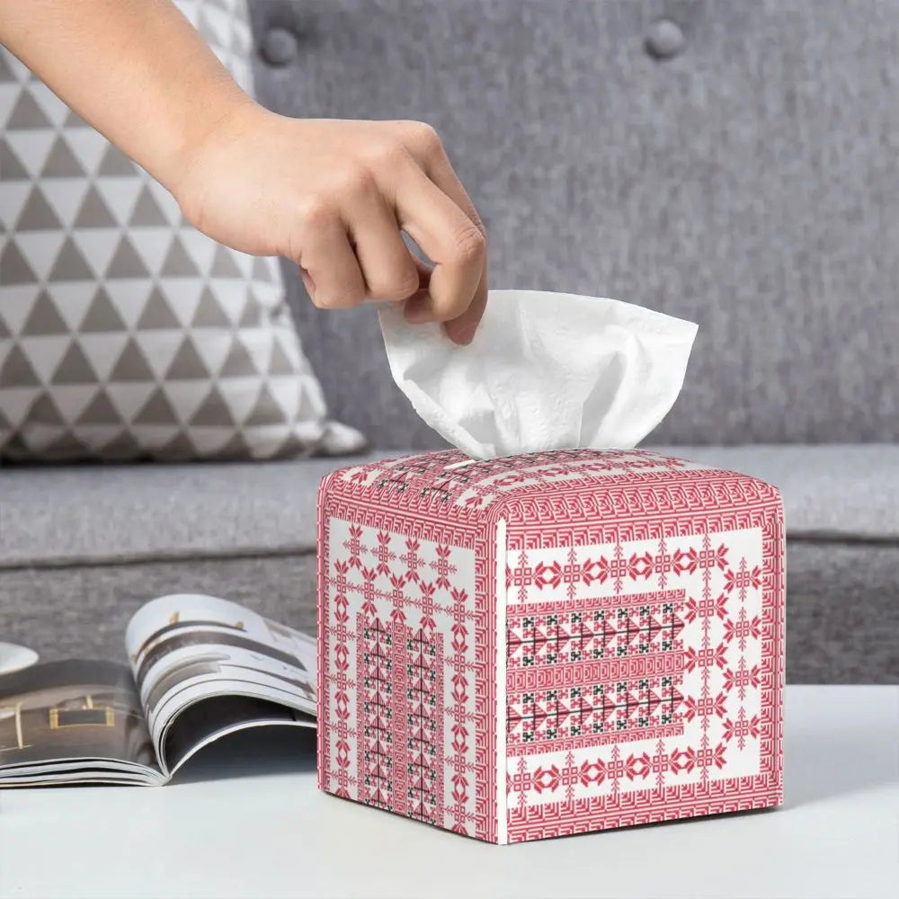 Kufiya Pattern Facial Tissue Box Cover Square Leather Tissue Box Holder for Car