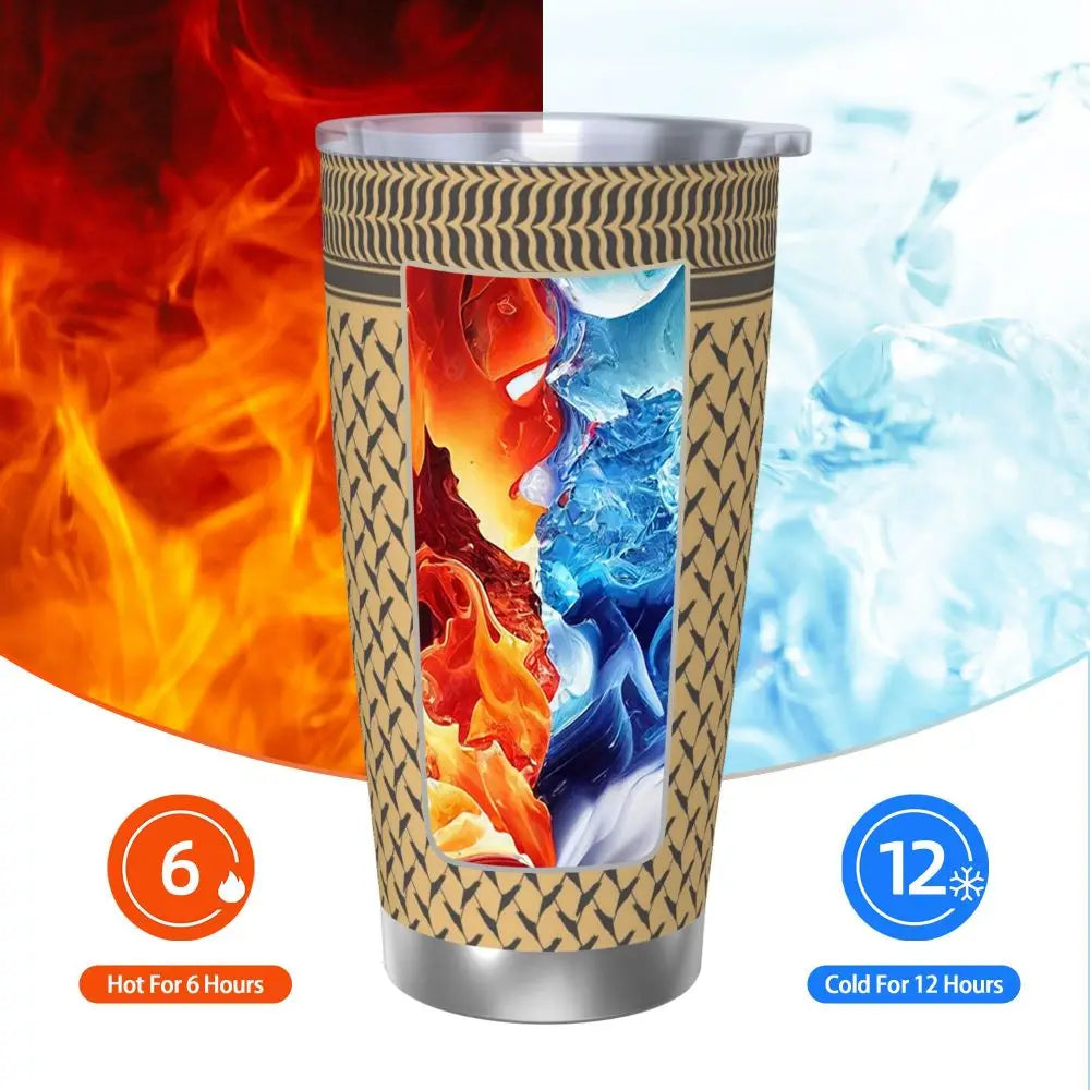 Palestinian Keffiyeh Palestine Map Pattern Brown Insulated Tumbler with Straws Vacuum Coffee Mugs Hot Cold Drinks Cup, 20oz