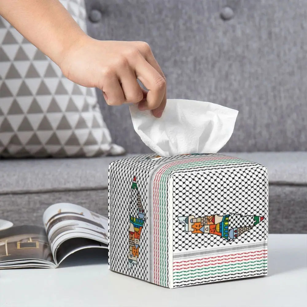 Kufiya Pattern Facial Tissue Box Cover Square Leather Tissue Box Holder for Car