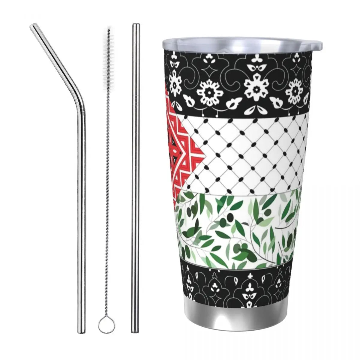 Palestinian Flag & Olives Tumbler – 20oz Insulated Mug with Straw & Lid, Perfect for Outdoors!