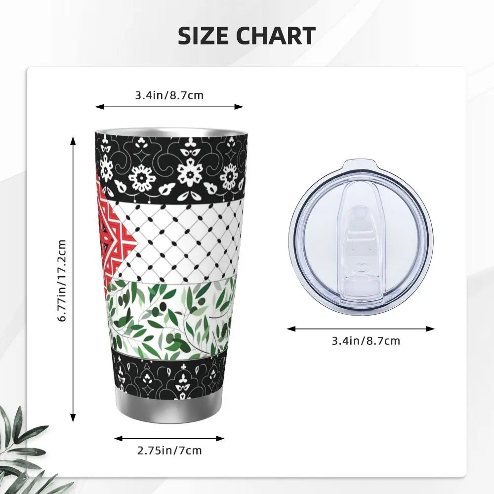 Palestinian Flag & Olives Tumbler – 20oz Insulated Mug with Straw & Lid, Perfect for Outdoors!