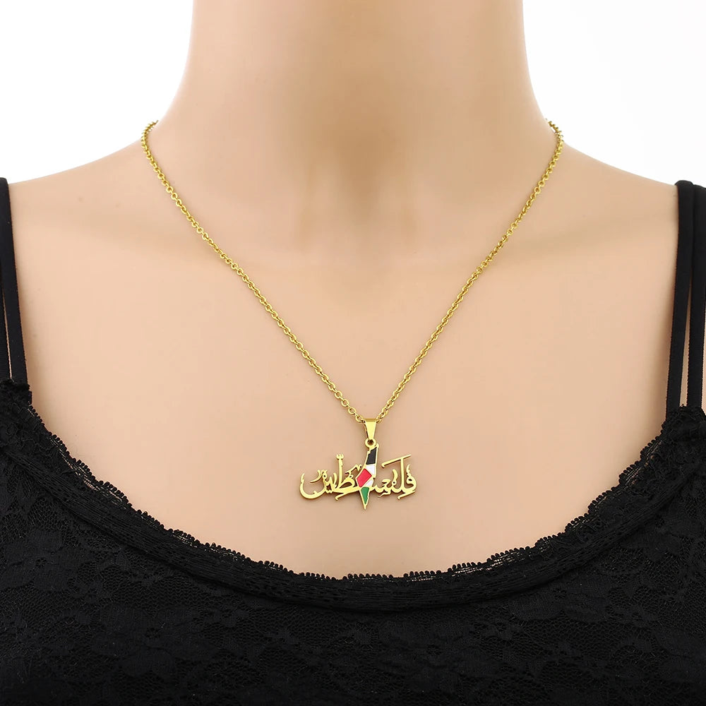 Palestine Map Flag Pendant Necklace Stainless Steel
