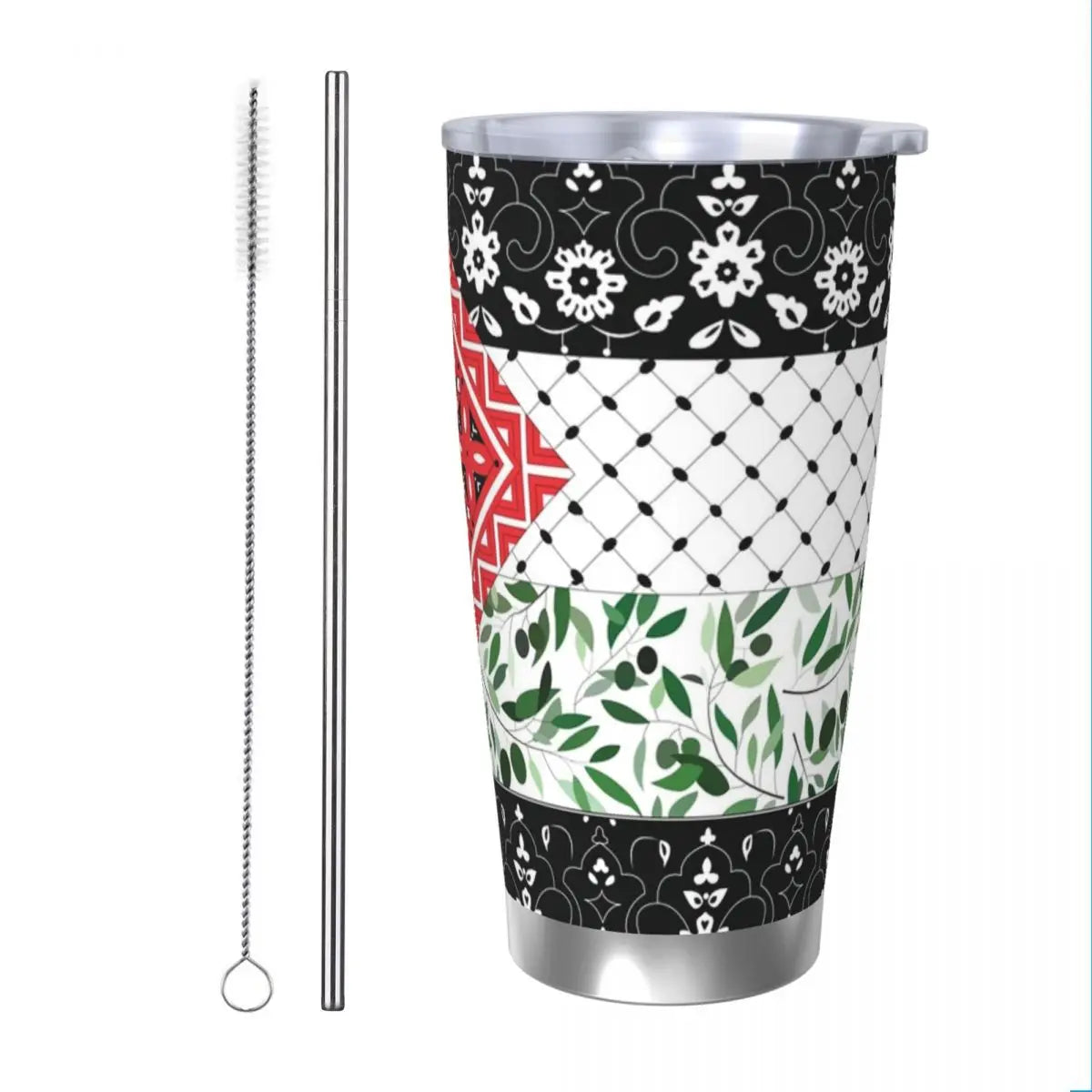 Palestinian Flag & Olives Tumbler – 20oz Insulated Mug with Straw & Lid, Perfect for Outdoors!