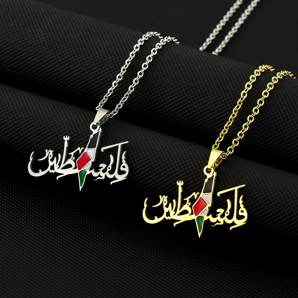 Palestine Map Flag Pendant Necklace Stainless Steel