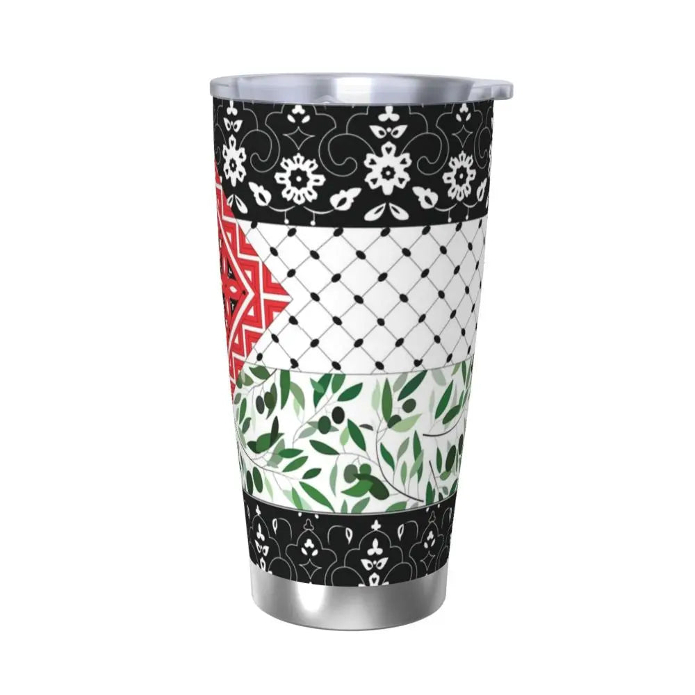 Palestinian Flag & Olives Tumbler – 20oz Insulated Mug with Straw & Lid, Perfect for Outdoors!